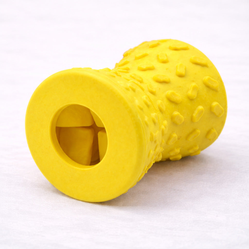 Distributeur de croquettes Canidoo à bascule pour chien, jouet en caoutchouc, jaune