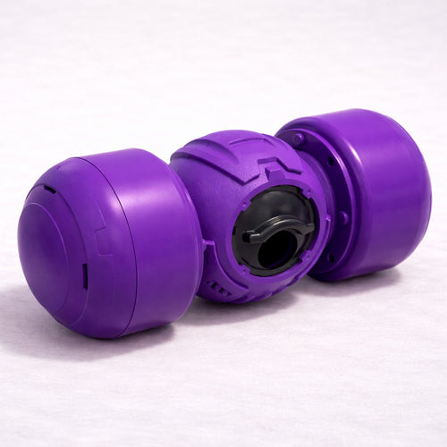 Distributeur de croquettes Canidoo réglable pour chien, jouet format haltère, violet